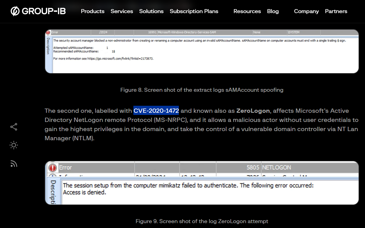 Group-IB article showing Figure 8 sAMAccount spoofing log and Figure 9 ZeroLogon attempt log. Text: "The second one, labelled with CVE-2020-1472 (highlighted in blue) and known also as ZeroLogon, affects Microsoft's Active Directory NetLogon remote Protocol (MS-NRPC), and it allows a malicious actor without user credentials to gain the highest privileges in the domain, and take the control of a vulnerable domain controller via NT Lan Manager (NTLM)."